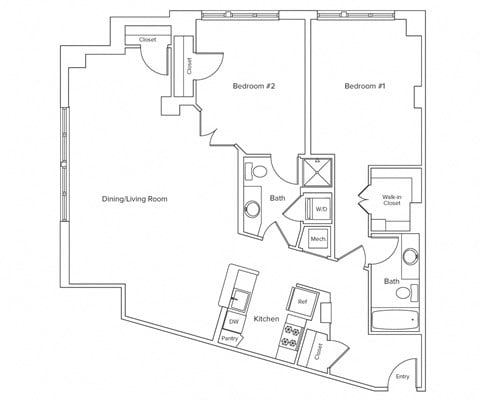 Floor plan for 2 beds, 2 baths, 1088 sqft